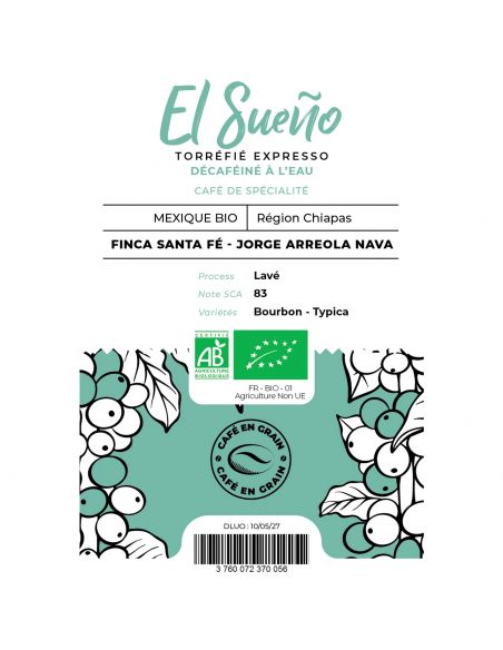 Café en grain Déca El Sueño - Bio - Mexique - 1 kg